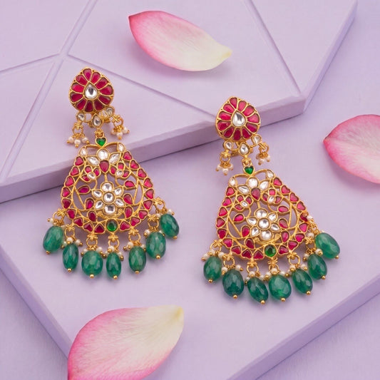 Classic Jadau Kundan Chandbali Earrings With Green Beads