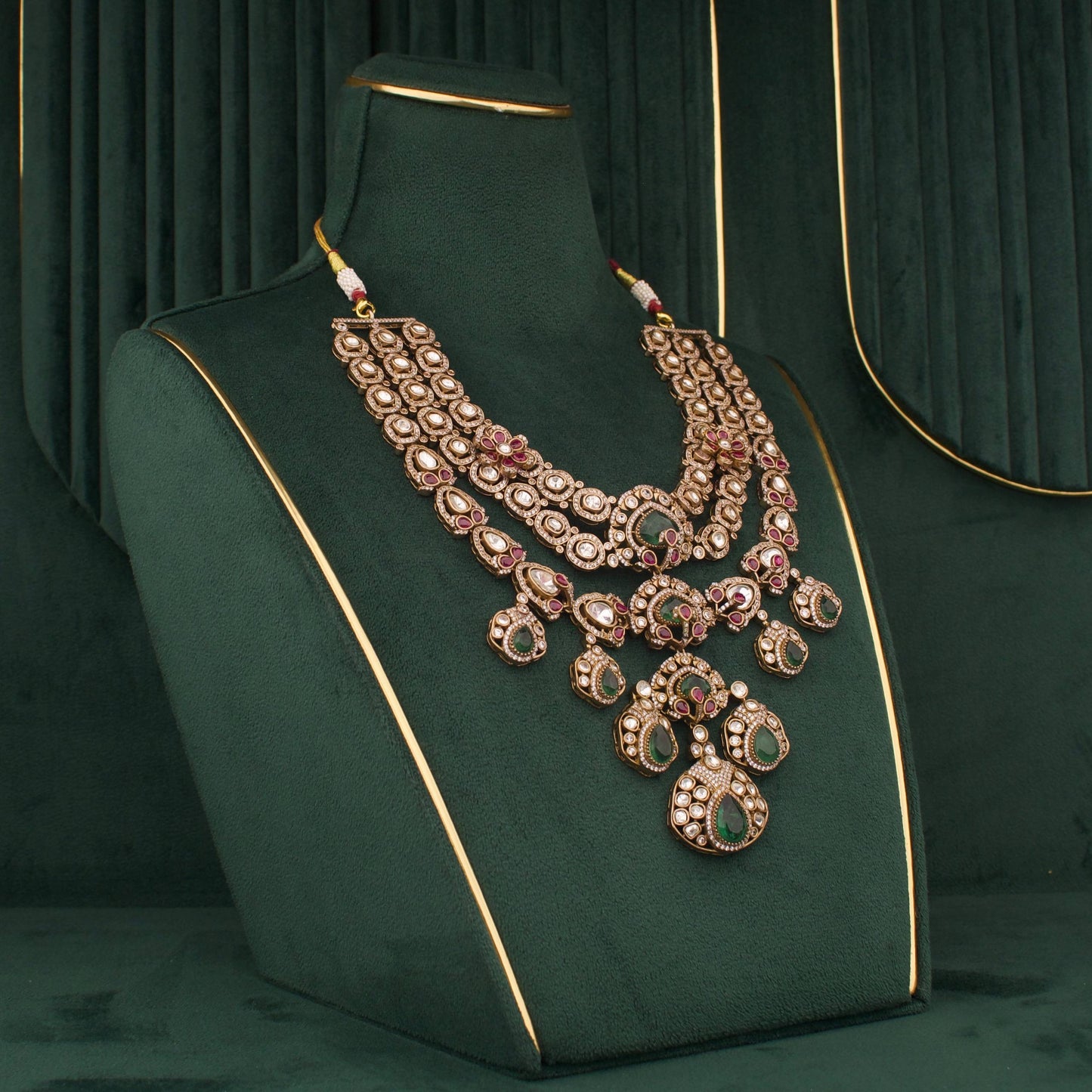 Victorian Ruby Emerald Polki Bridal Statement Necklace Set With Matching Earrings