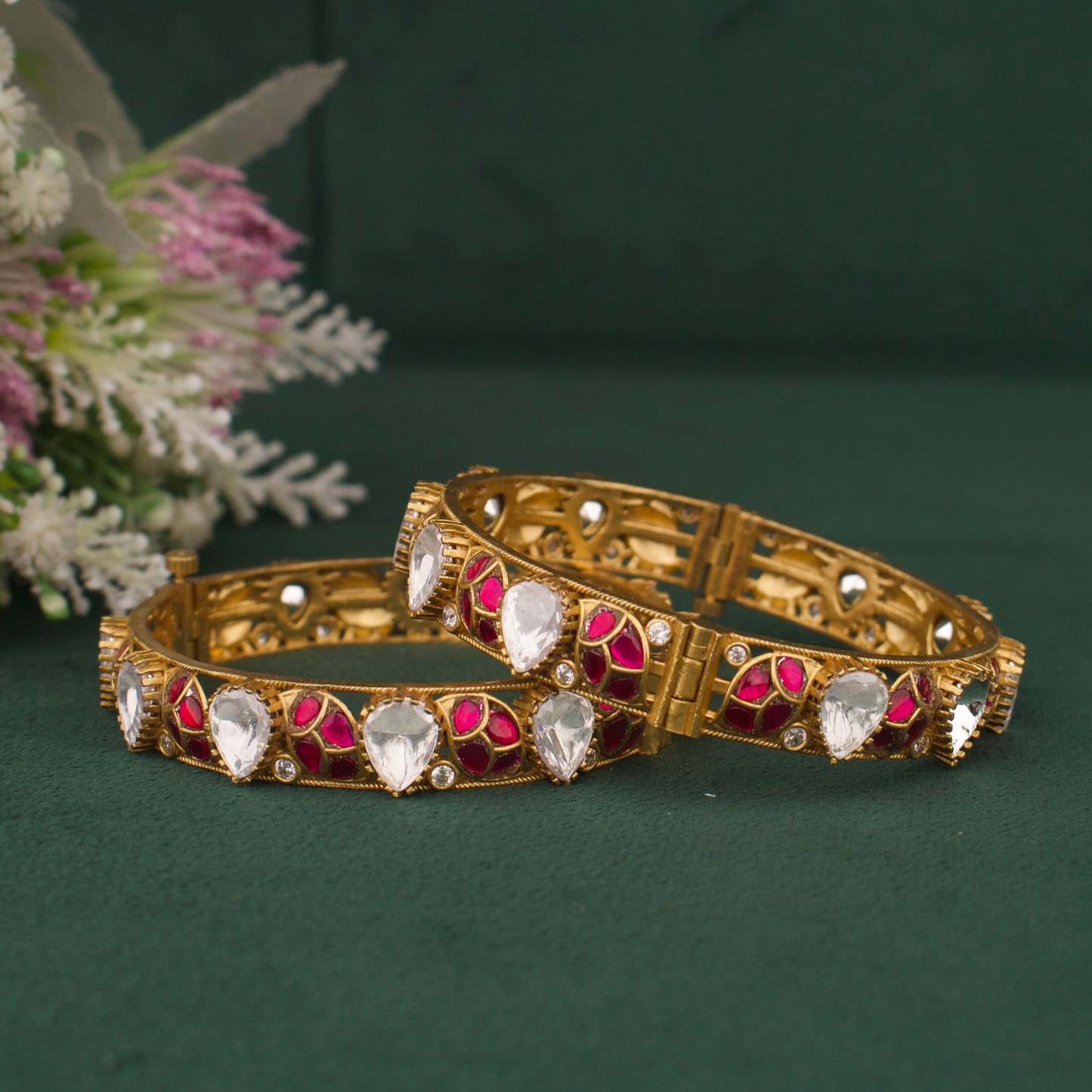 Elegant Victorian Polki Bangles With Ruby And Emerald Leaf Design in Antique Gold Finish