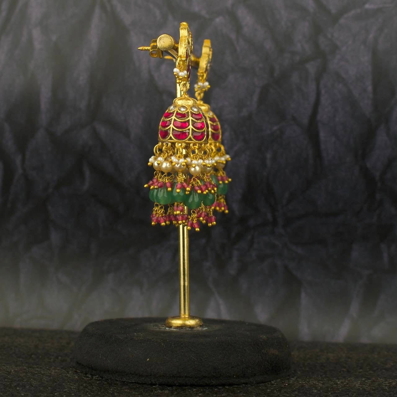 Floral Studded Guttapusalu Hanging Jhumki Earrings - DULHAN JEWELS
