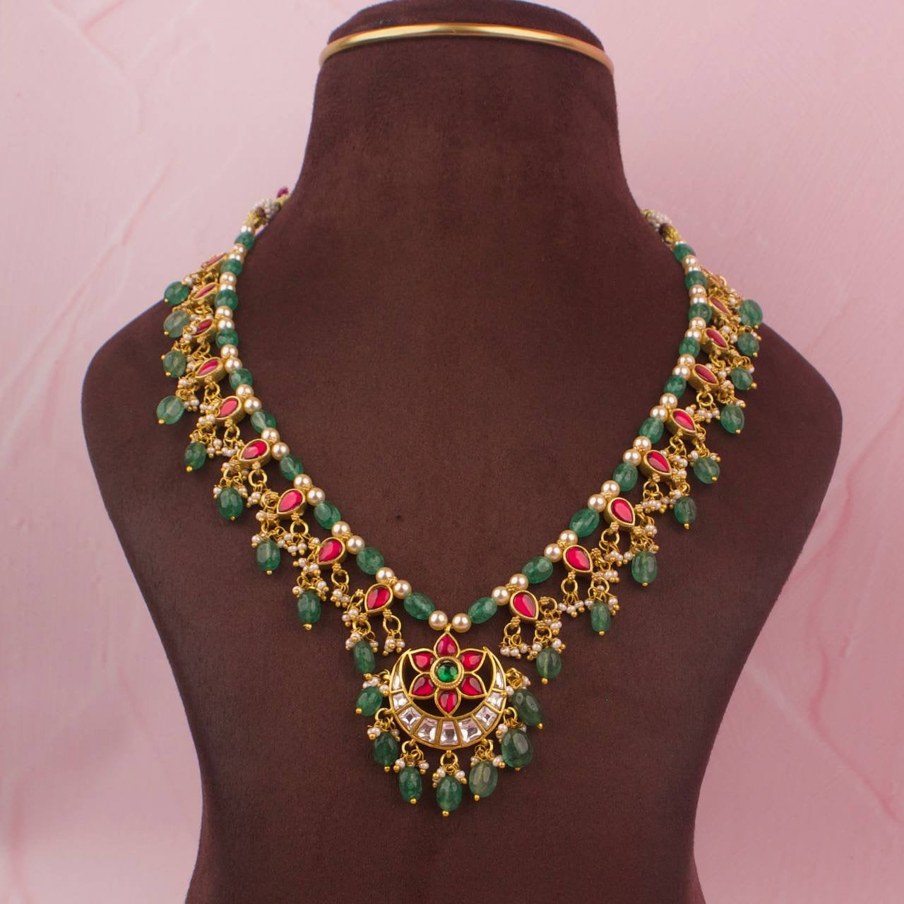 Sleek Jadau Kundan Beads Chain Necklace With Chand Locket