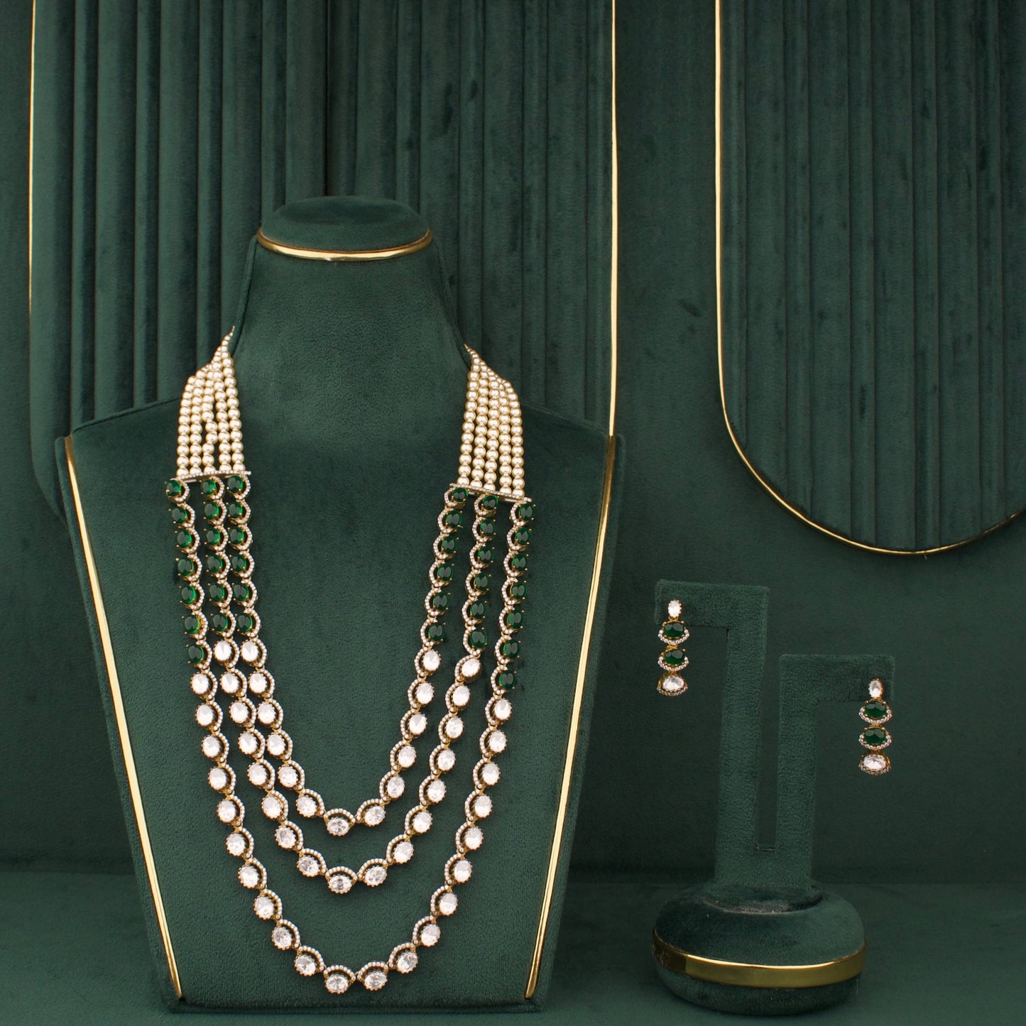 Royal Victorian Emerald Green Multi Layer Necklace Set With Earrings