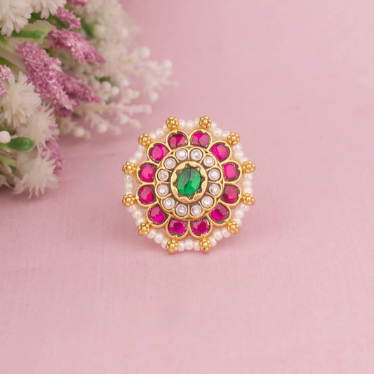 Floral Jadau Kundan Finger Ring With Ruby Stones And Emerald Center