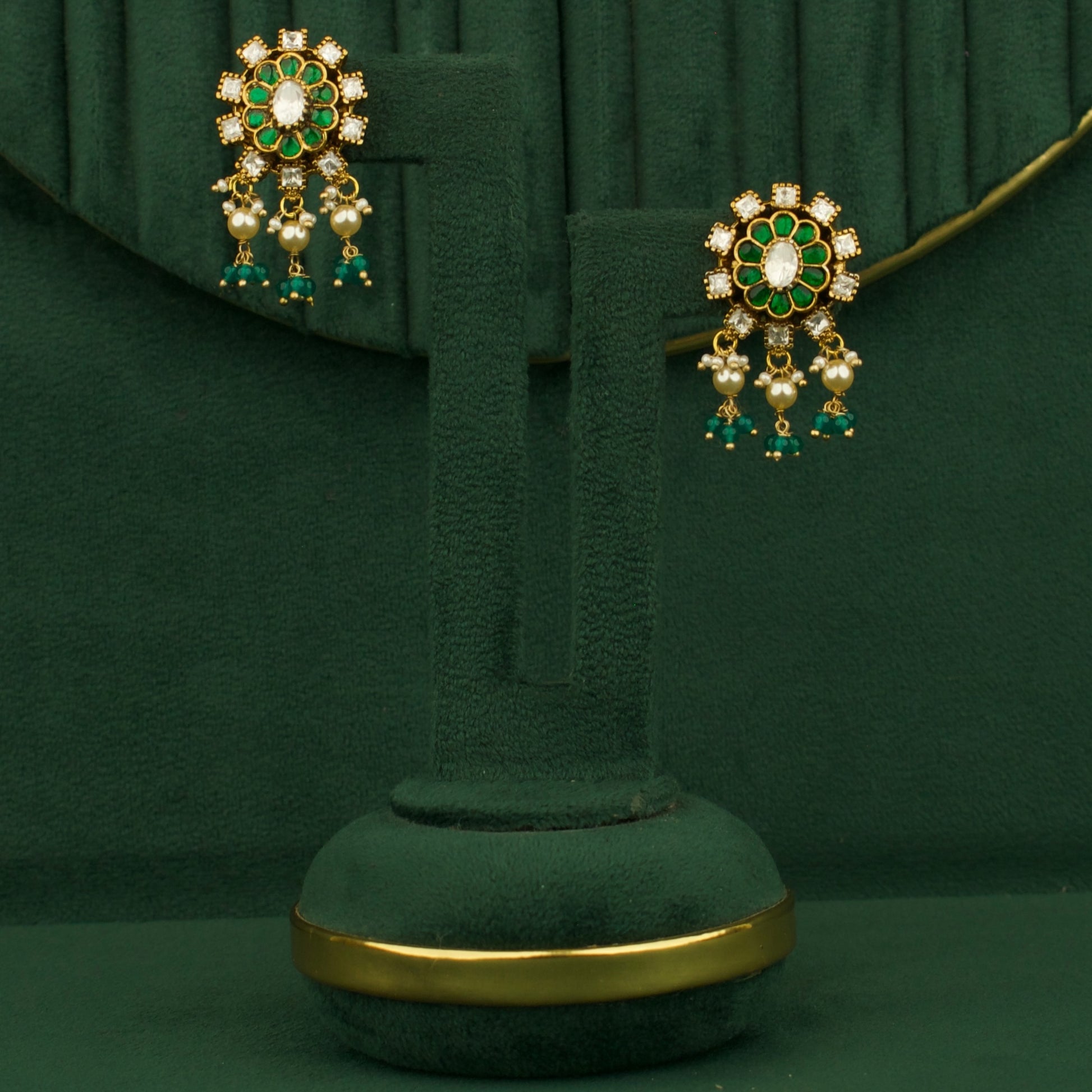 Classic Victorian Kundan & Polki Studs With Pearl & Beads Hanging