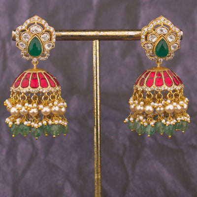 Designer Jadau Kundan Jhumka Earrings With Green Drops