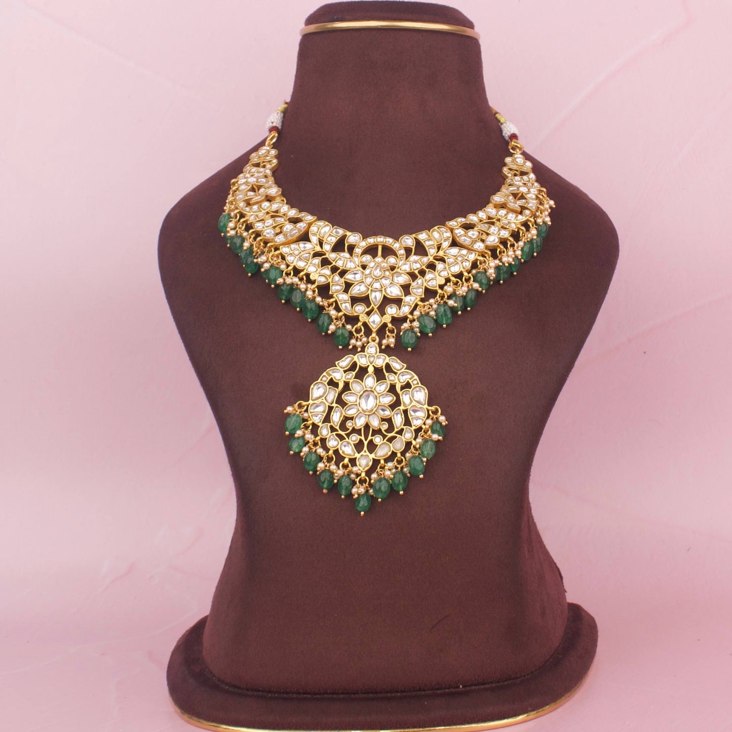 Gold Style Jadau Kundan Traditional  Necklace With Beads Hanging