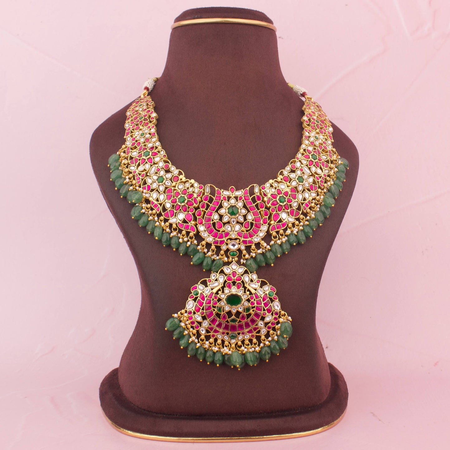 Grand Jadau Kundan Bridal Necklace With Floral Design And Emerald Green Drops