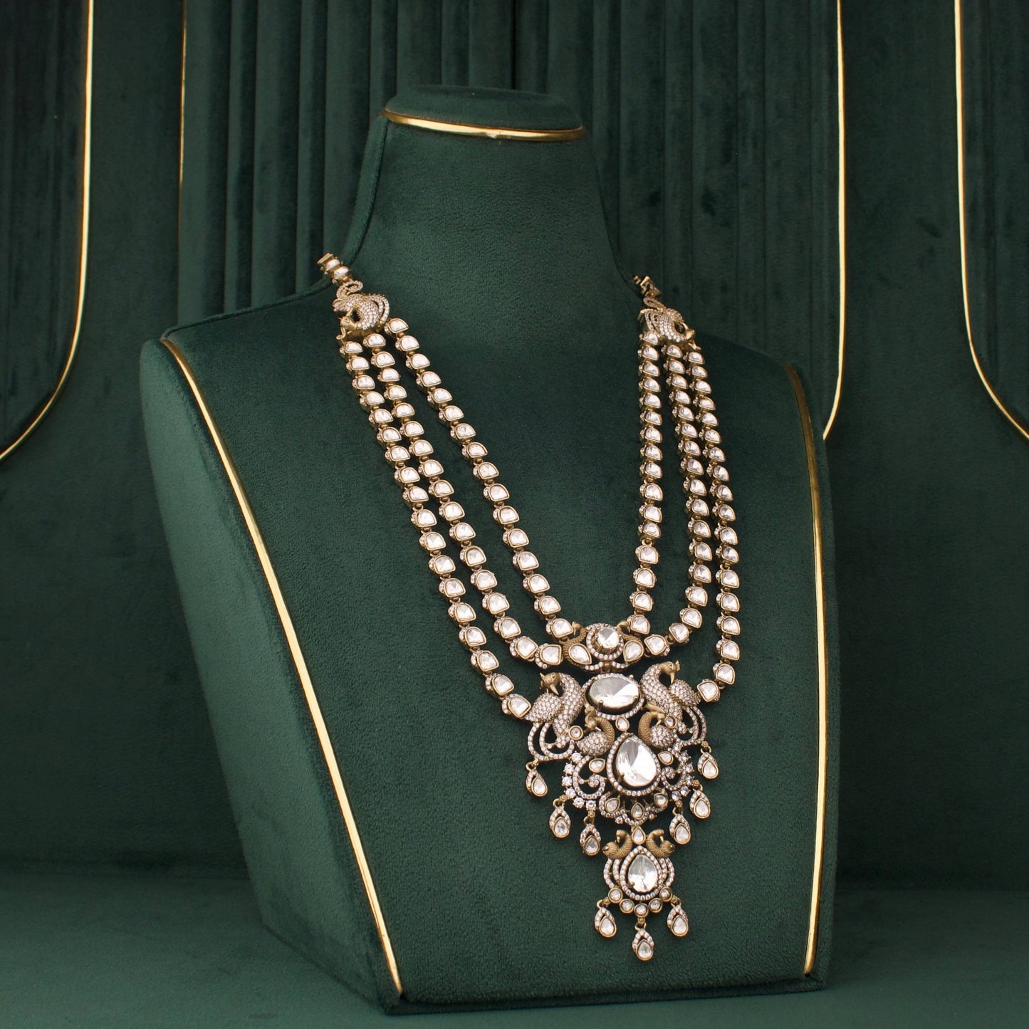 Designer Triple Layer Victorian Polki Necklace With Earrings