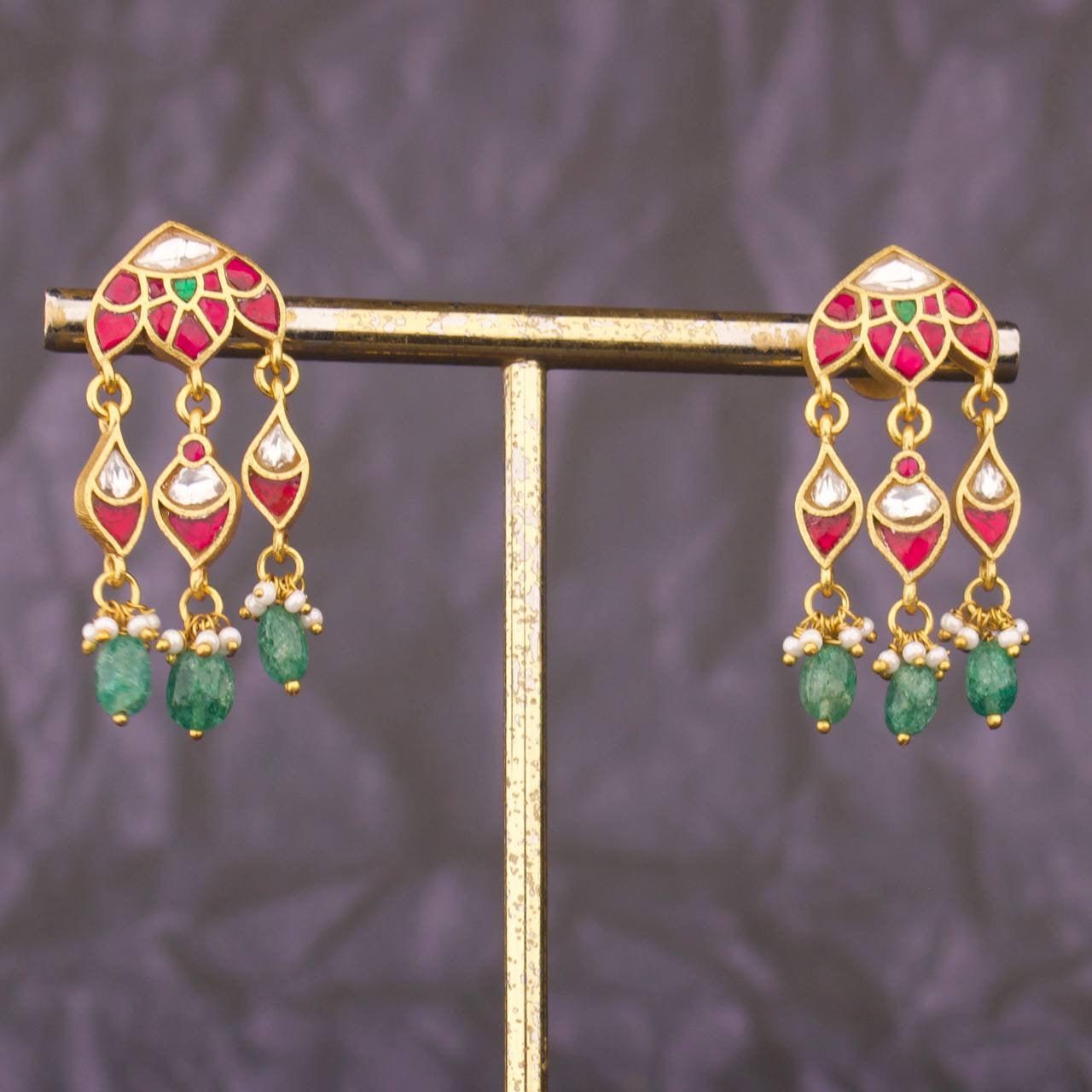 Unique Jadau Kundan Chandbali Earrings With Drop Hangings