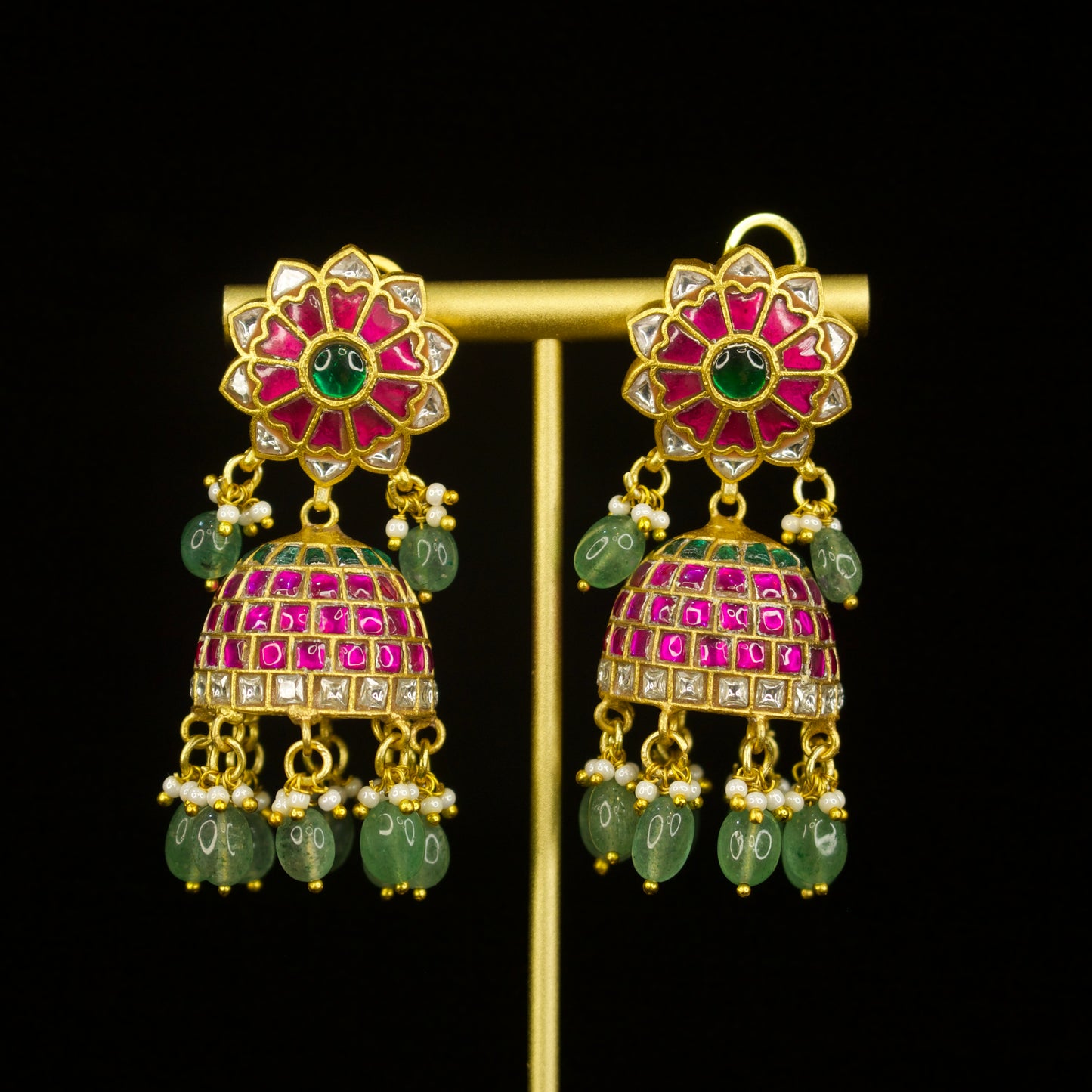 Vibrant Bloom Jadau Kundan Jhumkas with Emerald Beads
