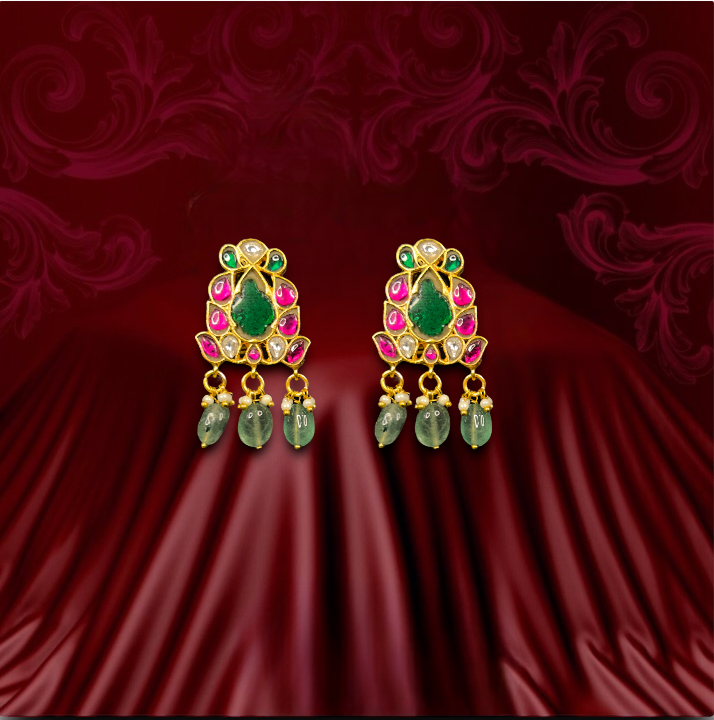 Traditional Jadau Kundan Stud Earrings with Green Beads