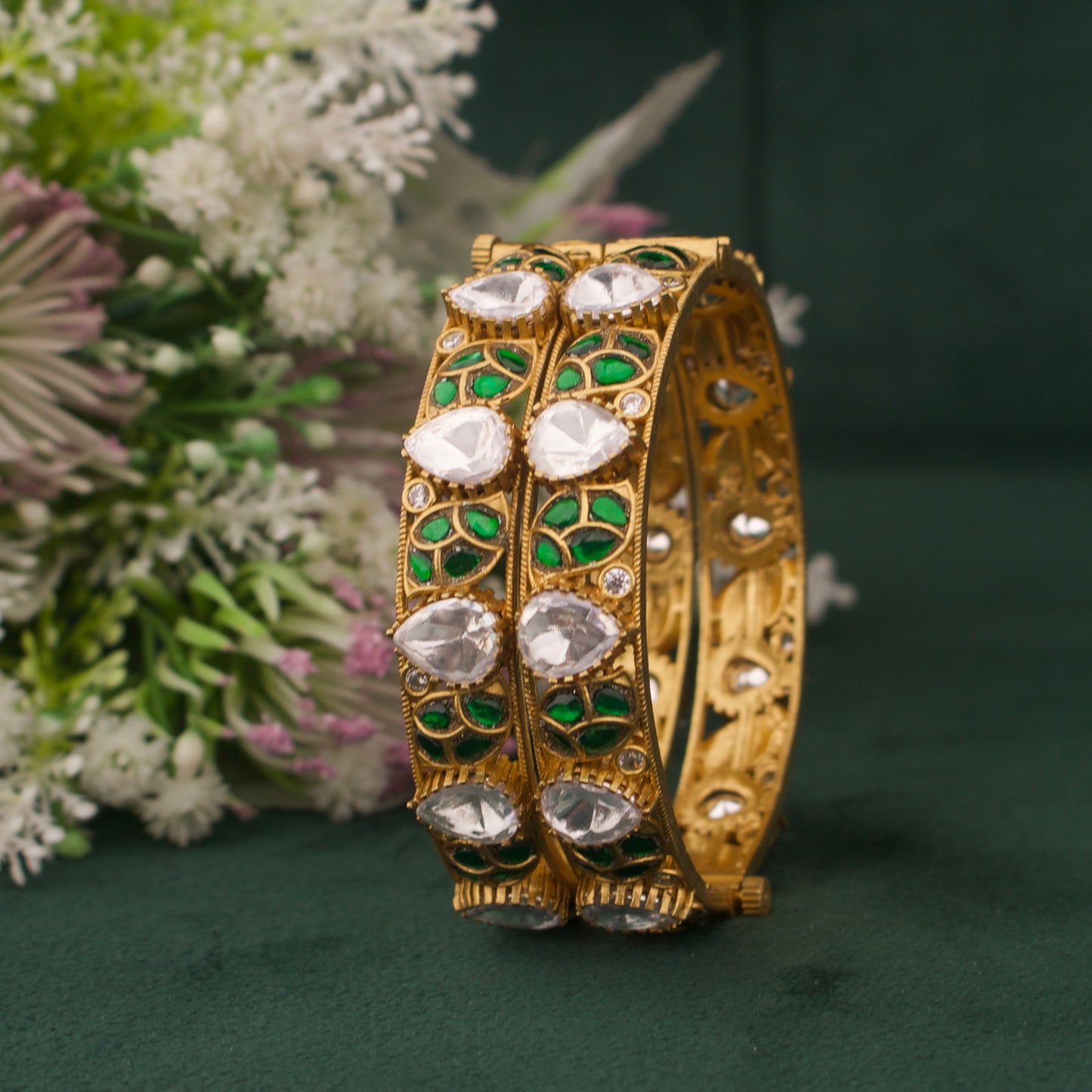 Elegant Victorian Polki Bangles With Ruby And Emerald Leaf Design in Antique Gold Finish