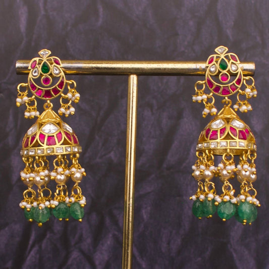 Unique Hand Crafted Jadau Kundan Jhumki With Pearl & Beads Droplet
