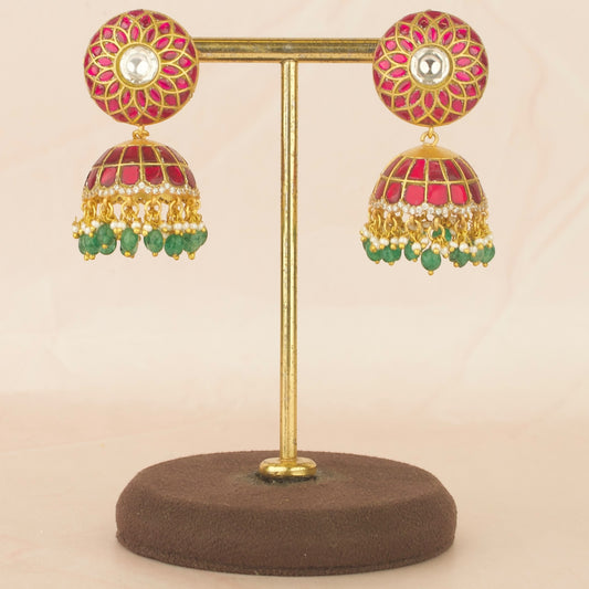 Grand Floral Desigm Jadau Kundan Jhumka With Green Beads as Hanging