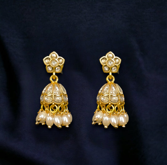 White Stone Jadau Kundan Jhumka Earrings with Pearls