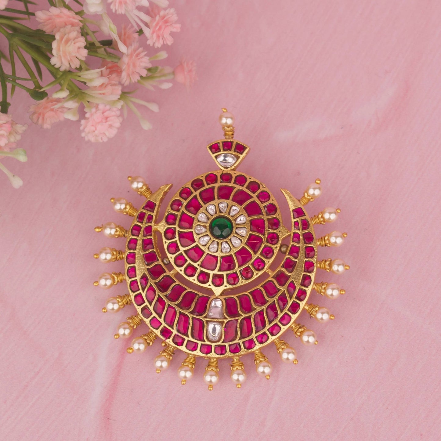 Floral Design Chand Shaped Shaped Jadau Kundan Locket