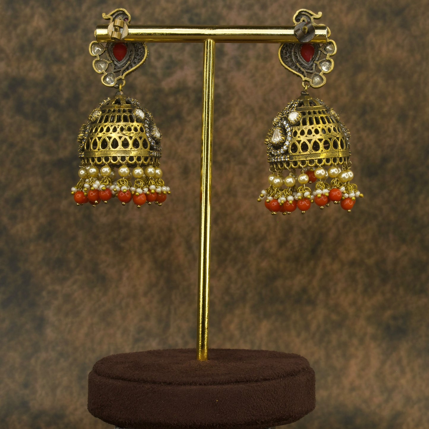 Peacock Studded Victorian Finish Polki Jhumka Earrings