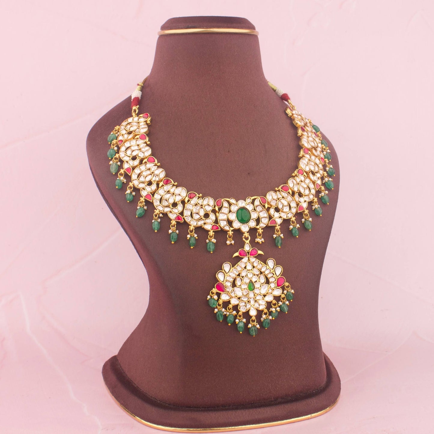 Ethnic Moissanite Polki With Peacock Design Pendant And Emerald Beads