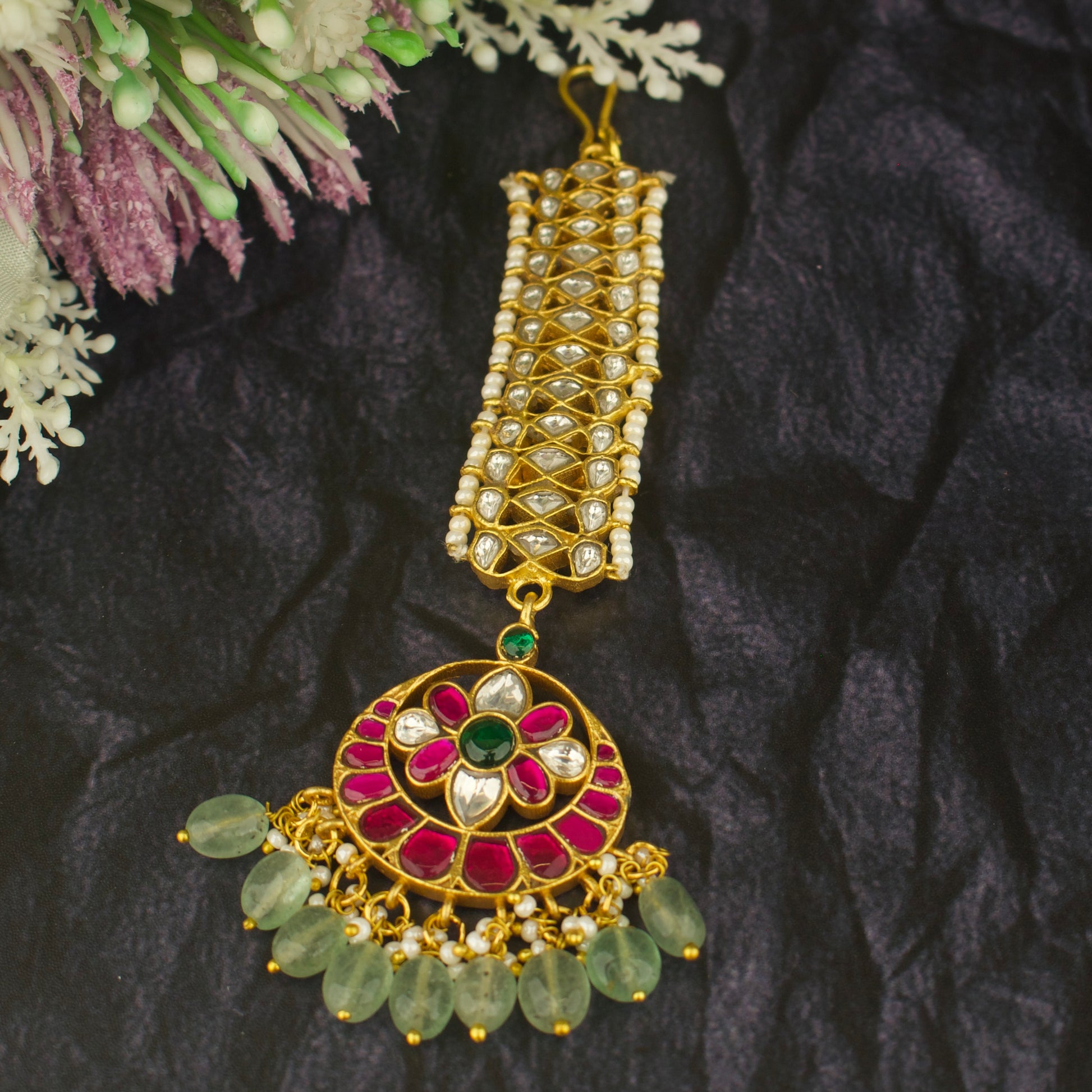 Radiant Chandbali Design Jadau Kundan Maang Tikka with Green Beads