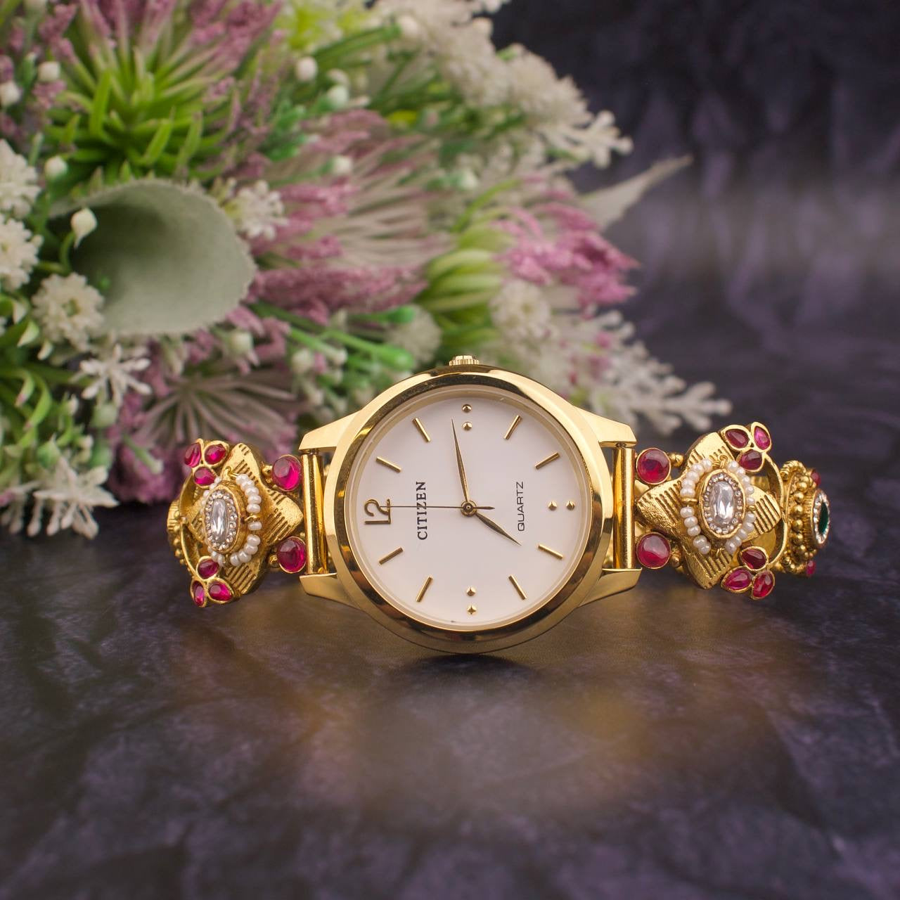 Gold Inspired Jadau Kundan Stone Work Watch For Woman