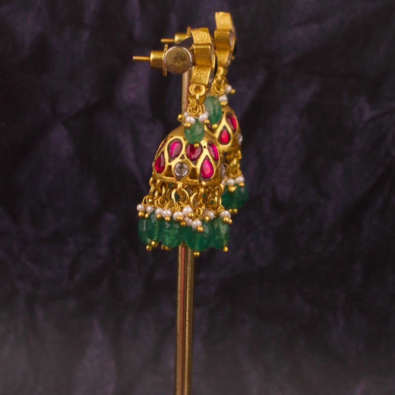 Floral Studded Sleek Jadau Kundan Jhumki Earrings