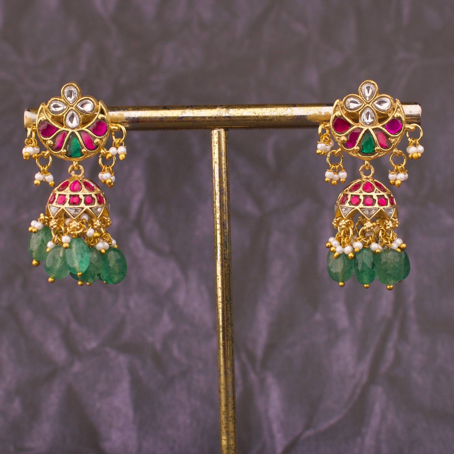 Floral And Chand Design Jadau Kundan Jhumka With Emerald Beads