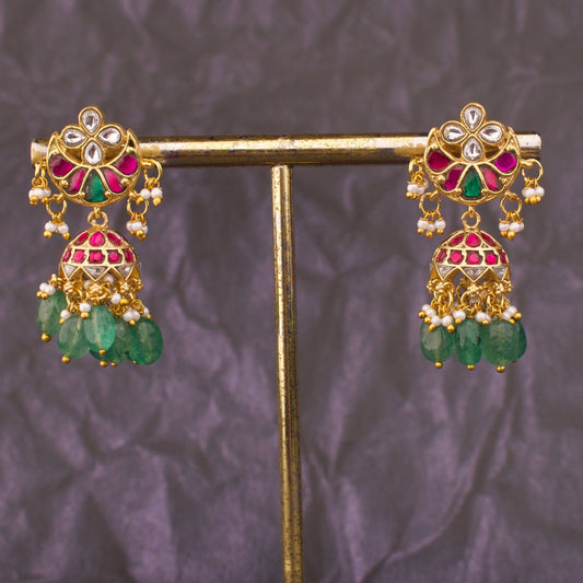 Floral And Chand Design Jadau Kundan Jhumka With Emerald Beads
