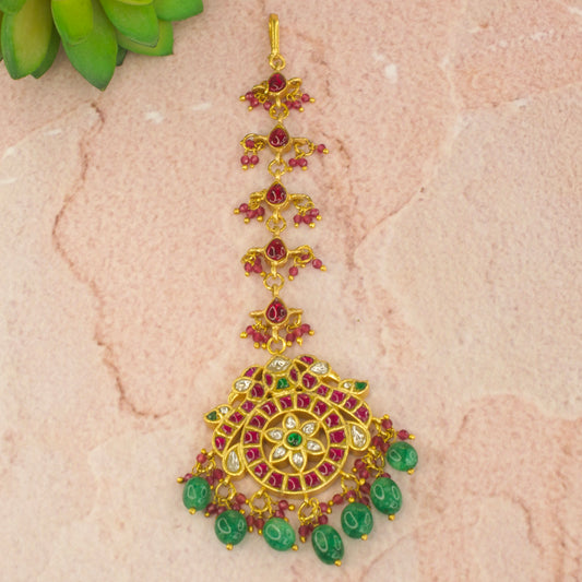 Elegant Jadau Kundan Maang Tikka with Ruby and Emerald Drops with 22k Gold plating 