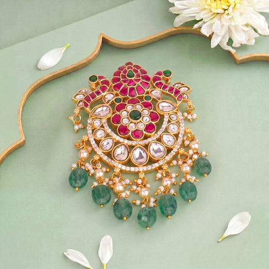Designer Pendant With Pearl Hanging And Green Beads