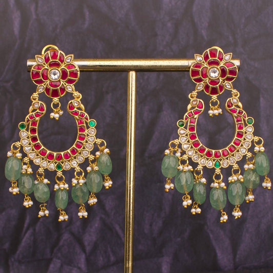 Floral Studded Jadau Kundan Chandbali Earrings With Beads Hangings