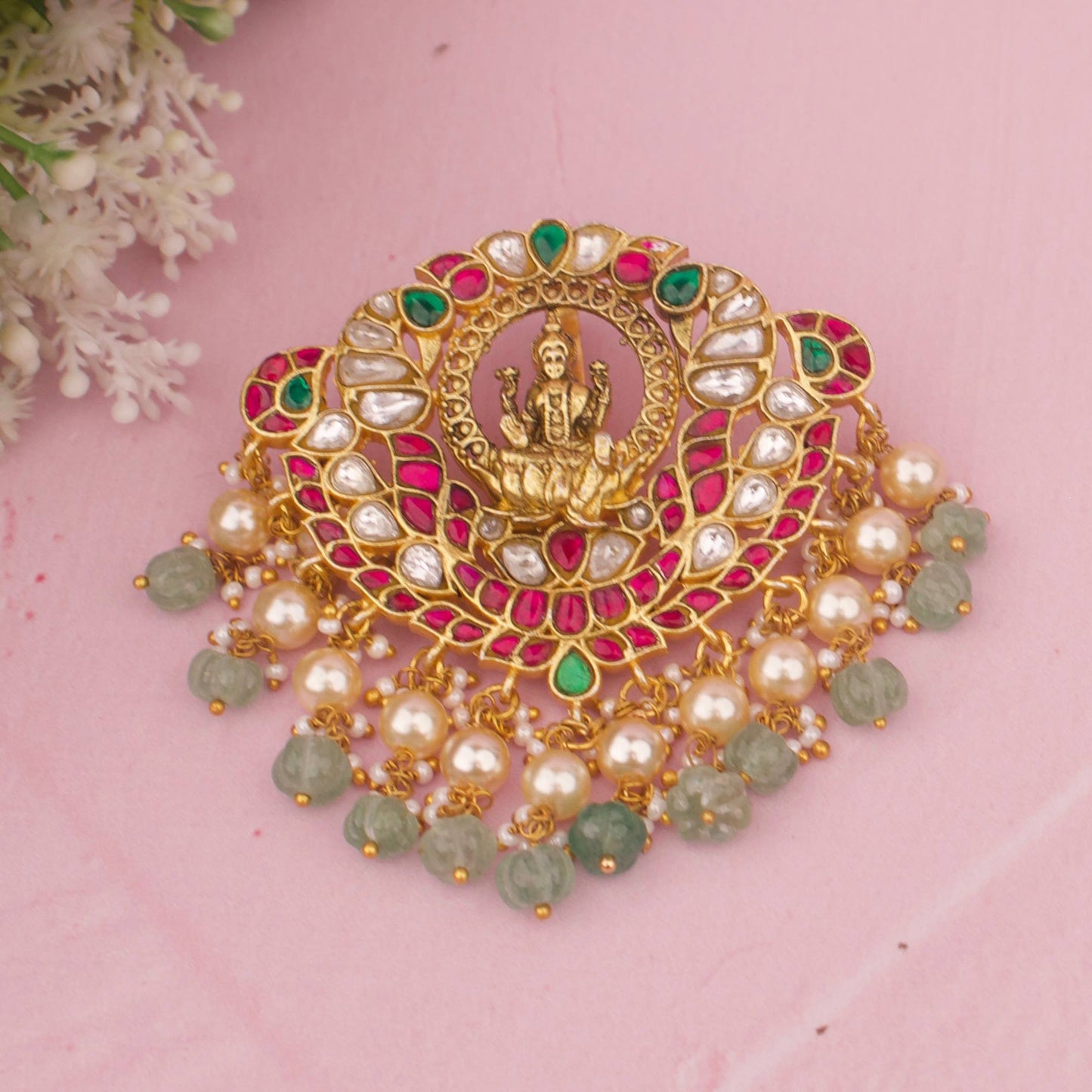Divine Laxmi Devi Jadau Kundan Pendnat With Guttapusalu Hangings
