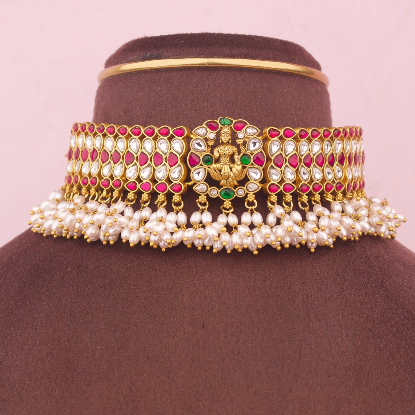 Temple Style Lakshmi Devi Jadau Kundan Choker With Rice Pearls