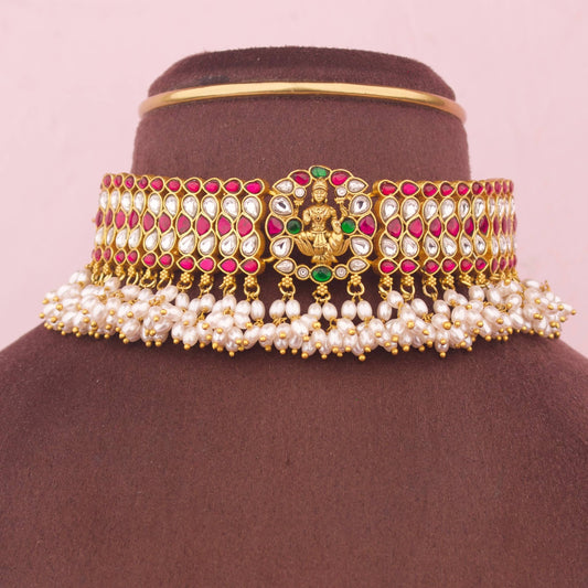 Temple Style Lakshmi Devi Jadau Kundan Choker With Rice Pearls