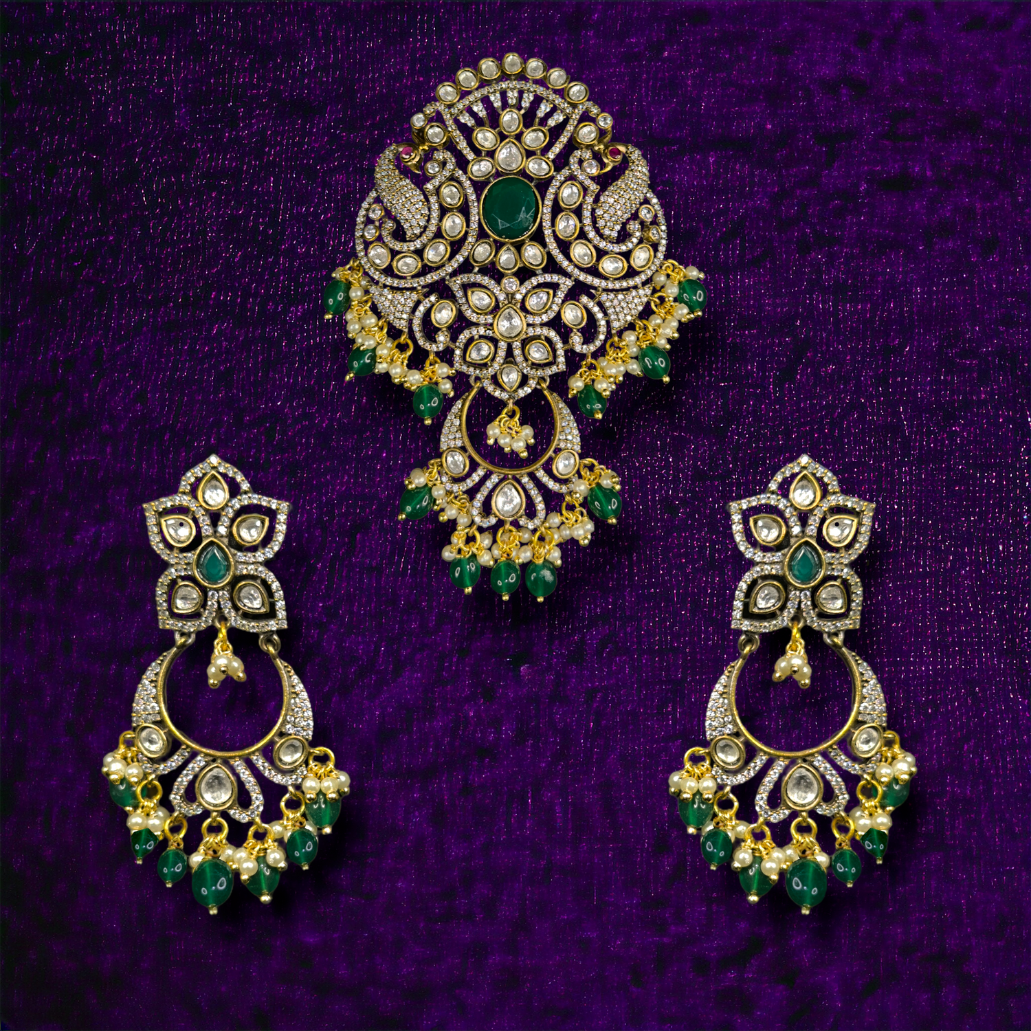 Heritage Victorian Pendant with Peacock motif and Earrings - DULHAN JEWELS