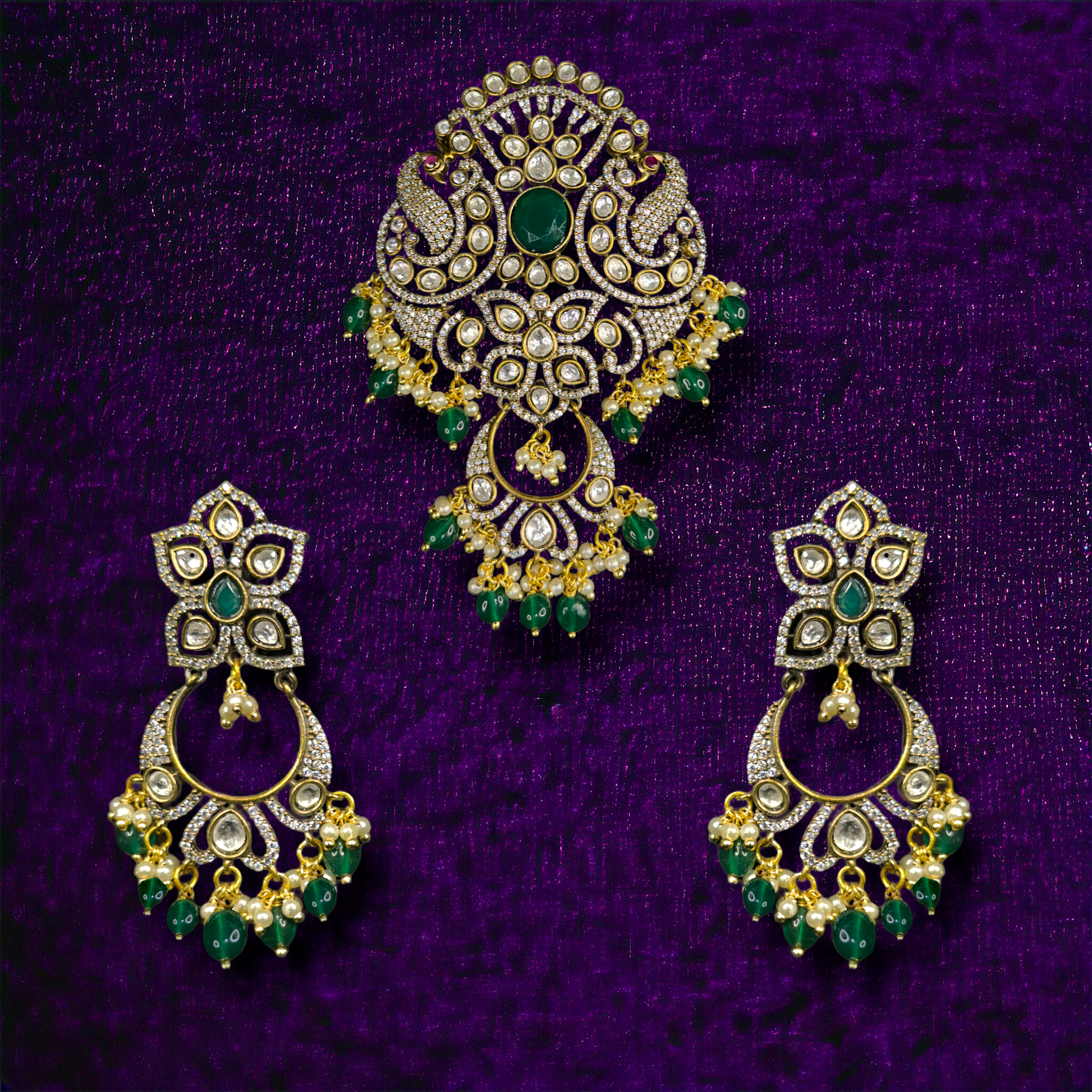 Heritage Victorian Pendant with Peacock motif and Earrings. This Victorian Jewellery is available in a Green colour variant. 