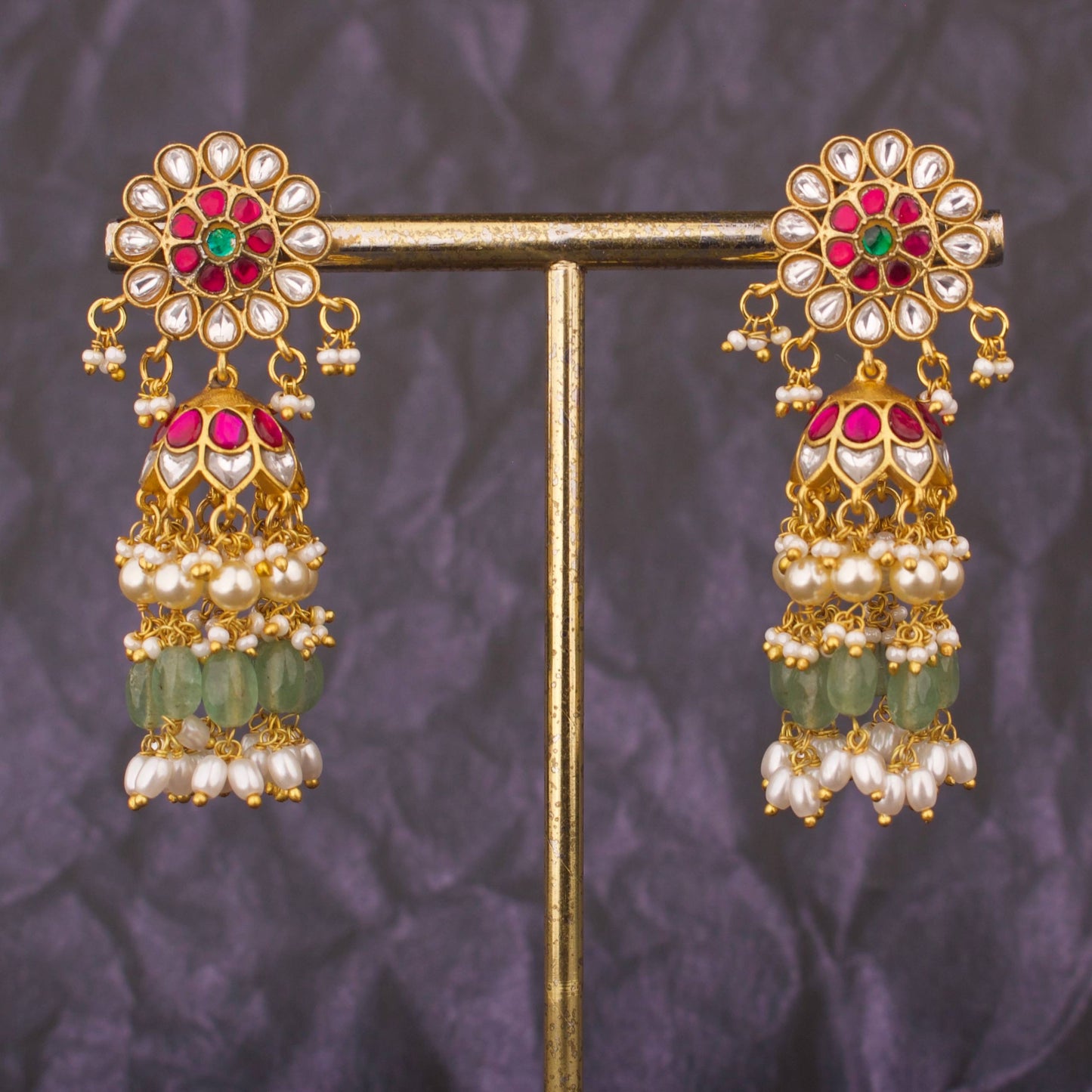 Phool Design Jadau Kundan Jhumka Earrings With Emerald Beads And Pearls
