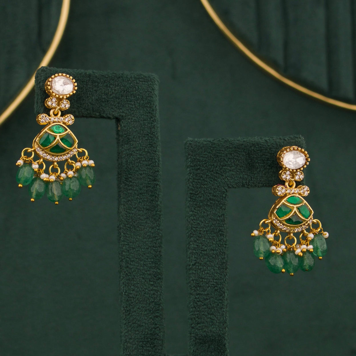 Emerald Victorian Polki Necklace Set With Matching Earrings Styling Angle View 4 - Dulhan Jewels
