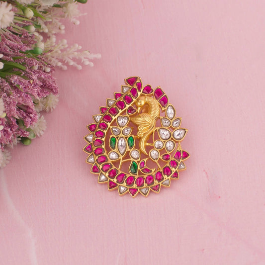 Nakshi Peacock Design Jadau Kundan Pendant With Green Beads Hangings