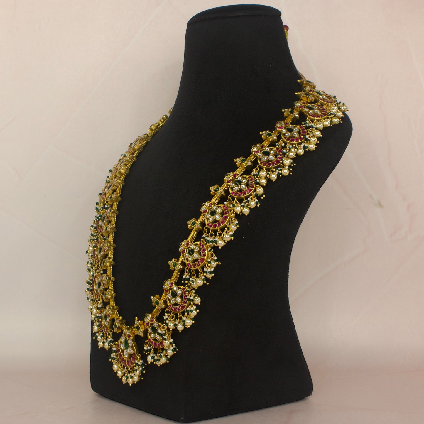 Floral Chandbali shaped jadau kundan long haram with 22k Gold plating 