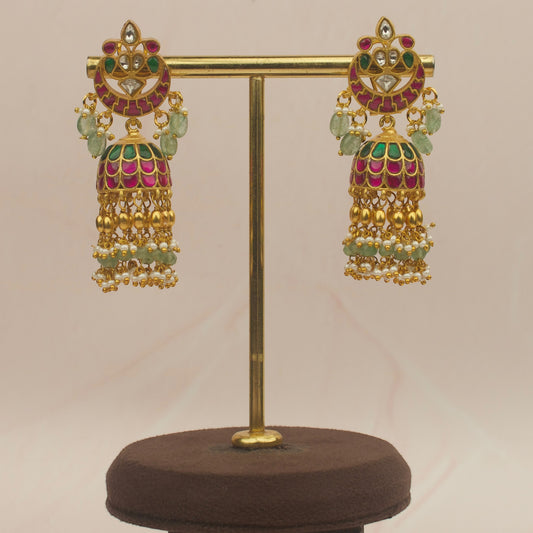 Graceful Jadau Kundan Jhumkas with goldern, Pearl and Green Bead Drops