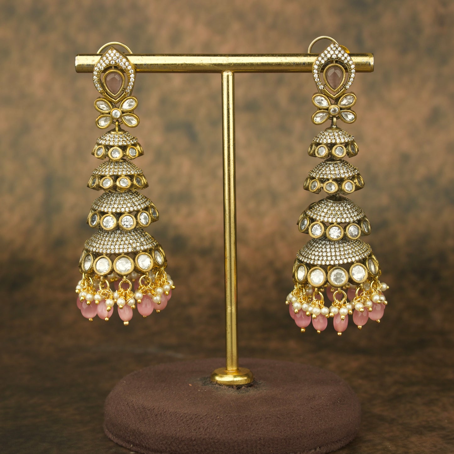 Victorian Multi-Layer Jhumka Earrings with AD stones