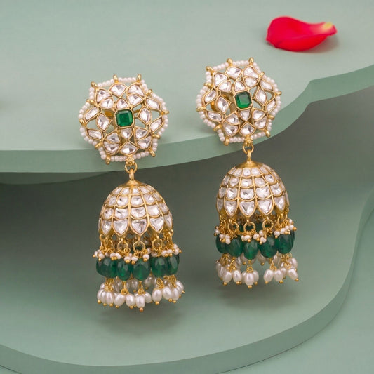 Lavish Jadau Kundan Jhumka Earrings With Green Beads And Pearl Drops