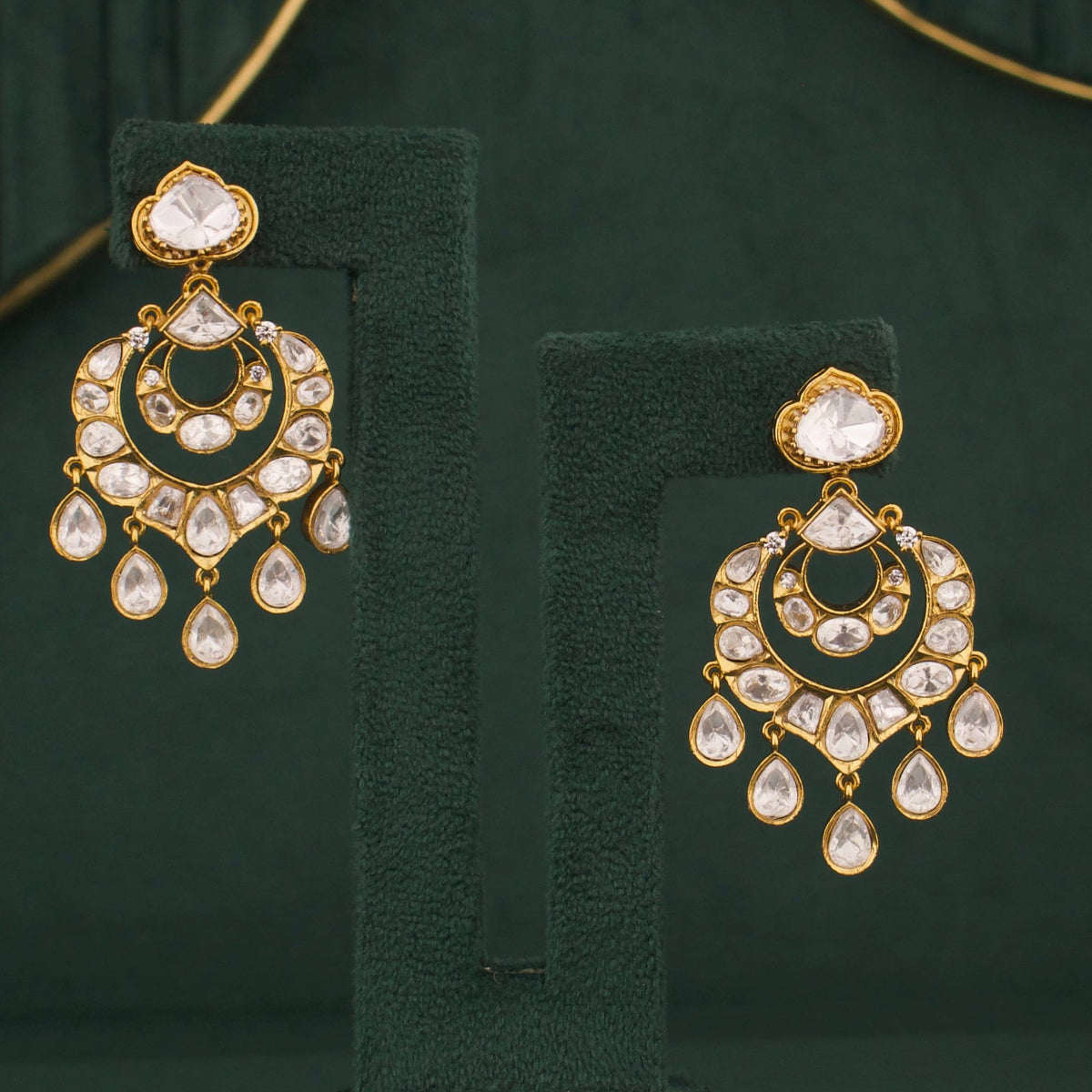 Elegant Polki 	Chandbali Earrings With White Hangings