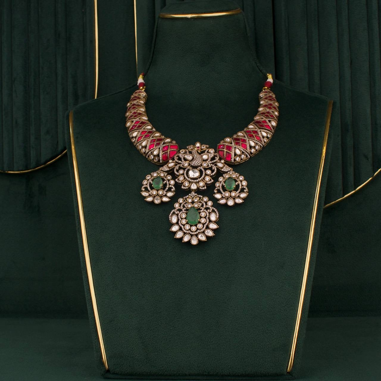 Victorian Kundan Moissanite Polki Necklace Set With Matching Earrings
