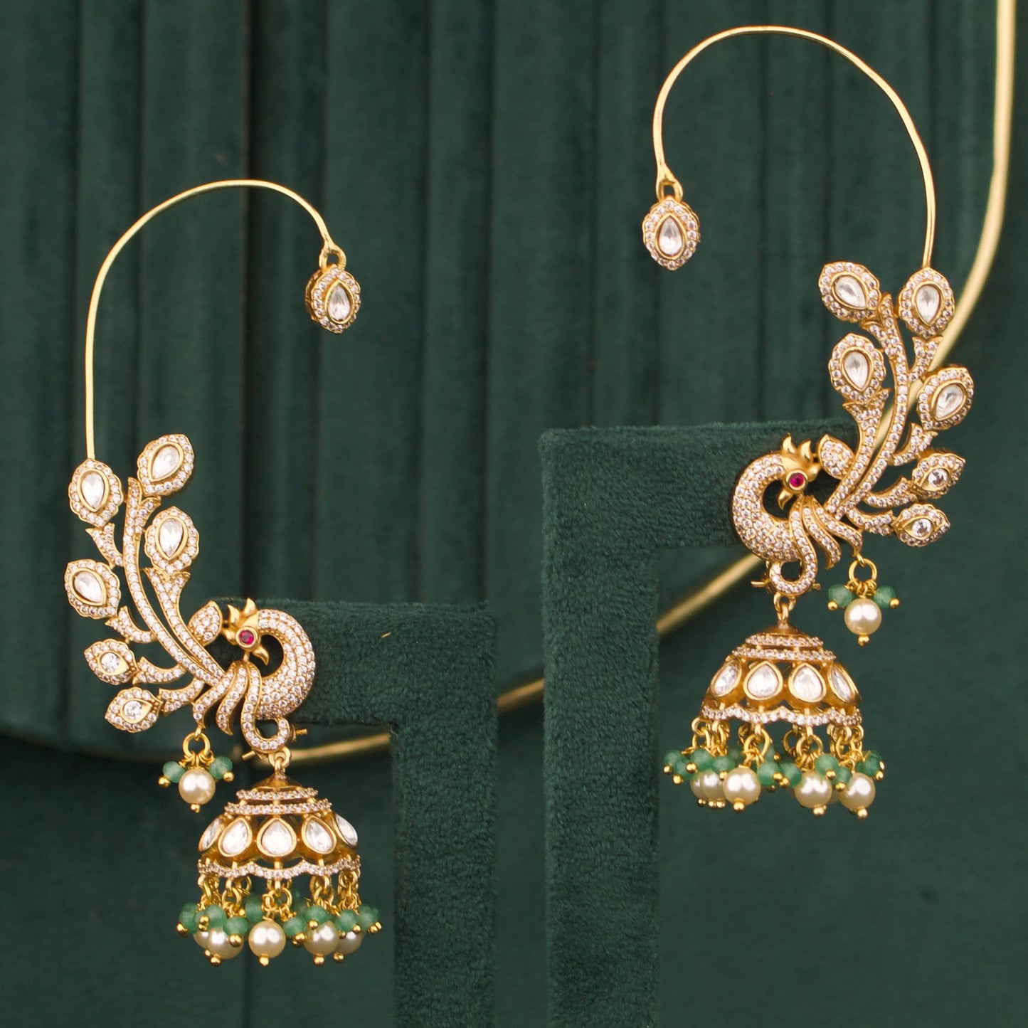 Designer Peacock Full Kaan Earrings With Green Beads