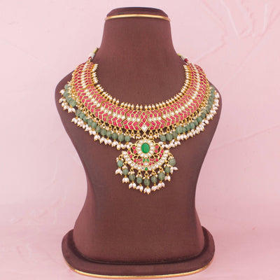 Gold Style Jadau Kundan Necklace With Emerald Beads Hangings