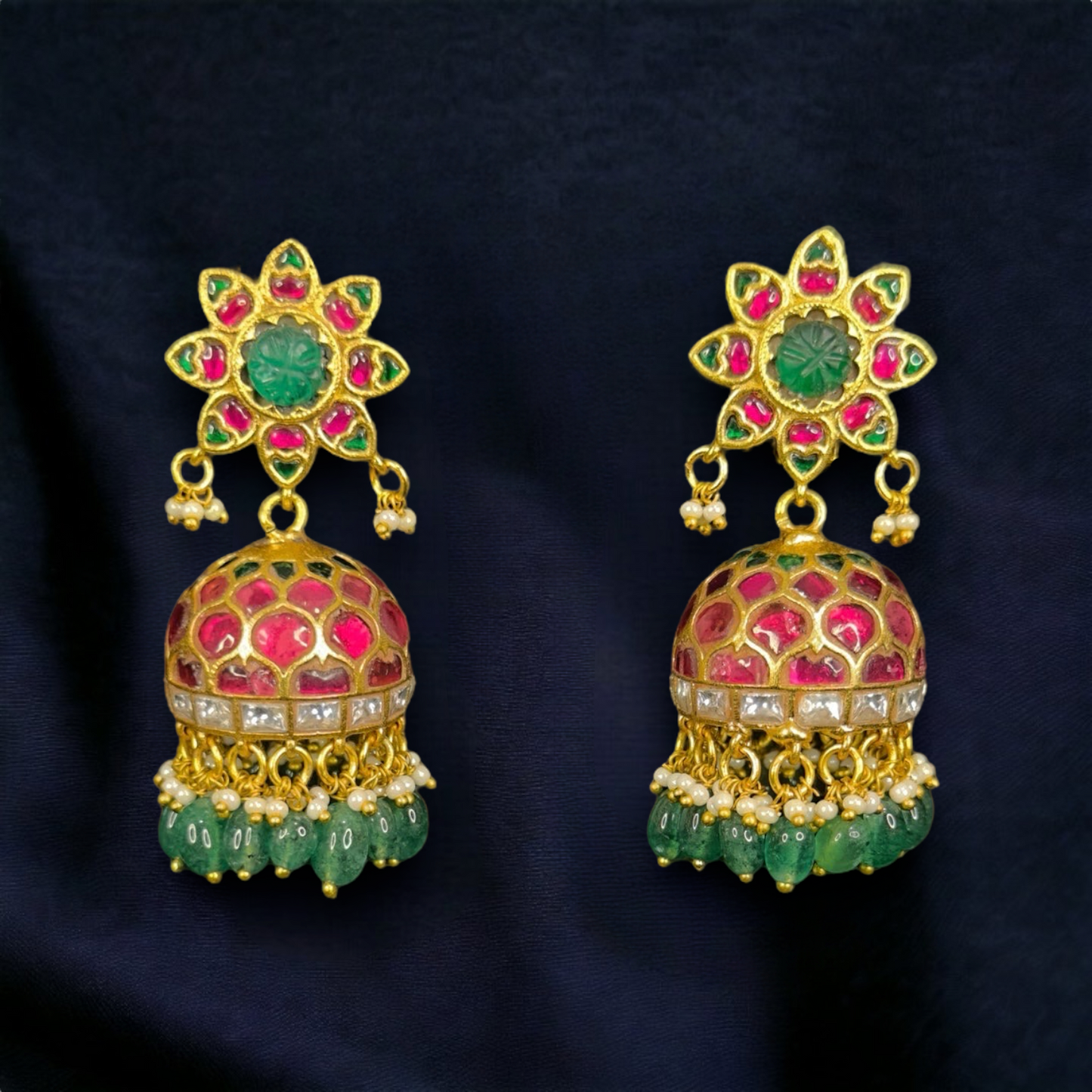 Radiant Petal Design Jadau Kundan Jhumkas with green beads