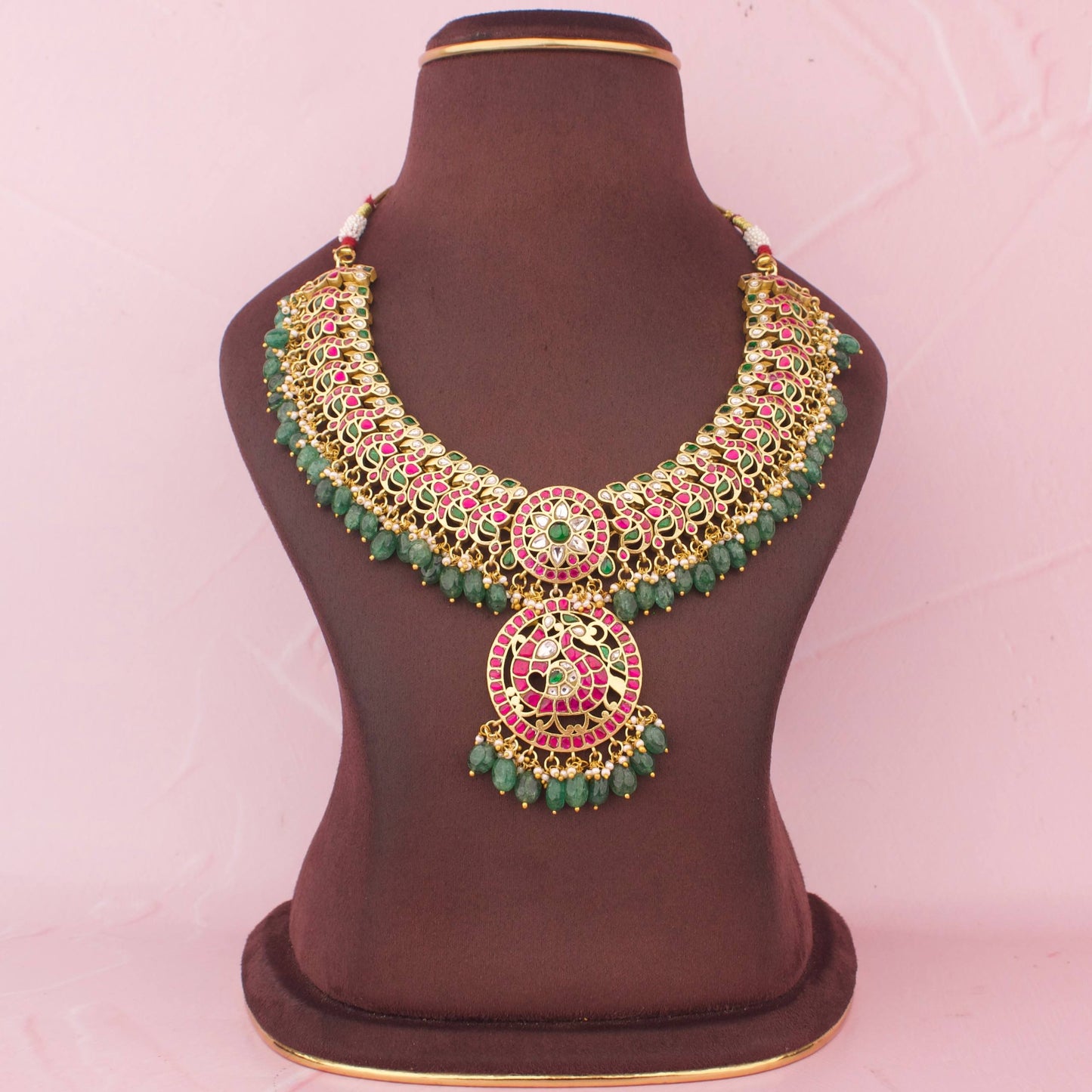 Majestic Jadau Kundan Necklace With Green Drop Hangings And Peacock Design Pendant