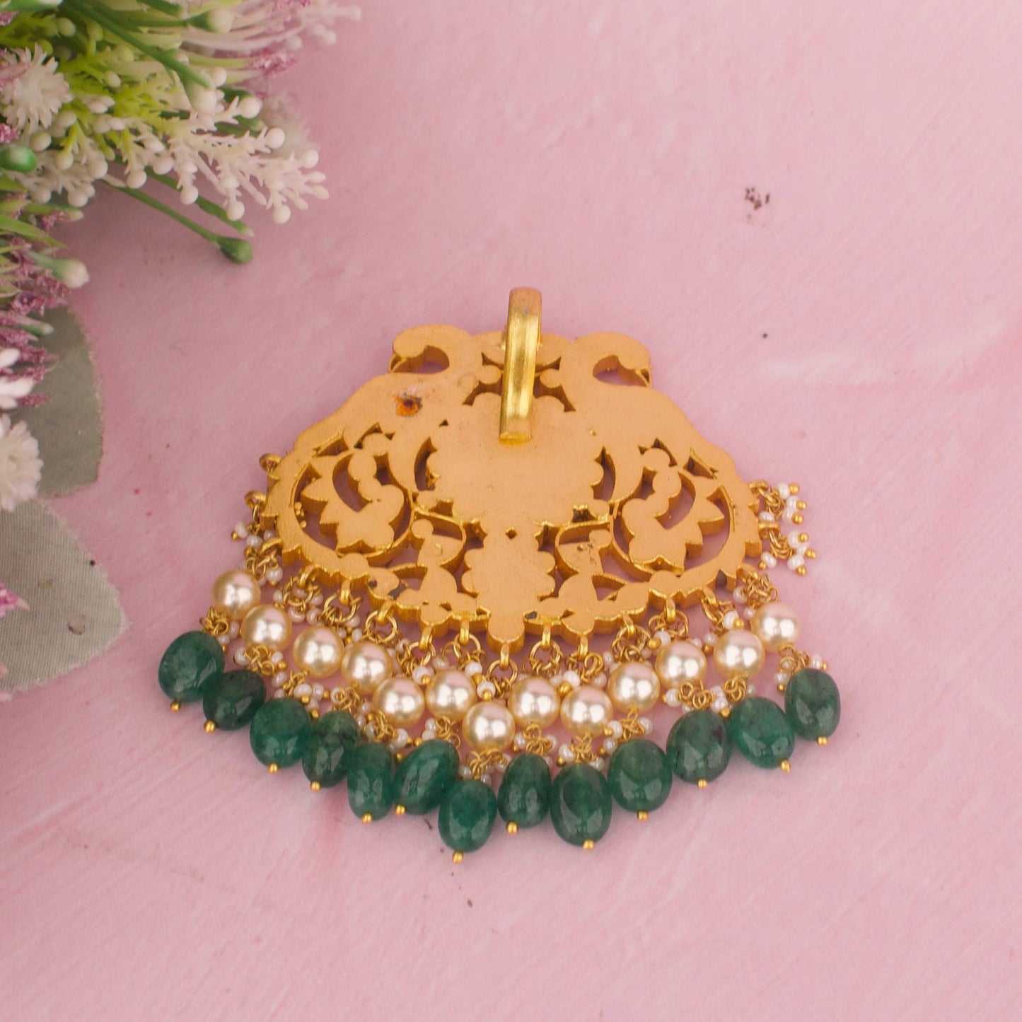 Temple Style Jadau Kundan Locket With Strawberry Beads