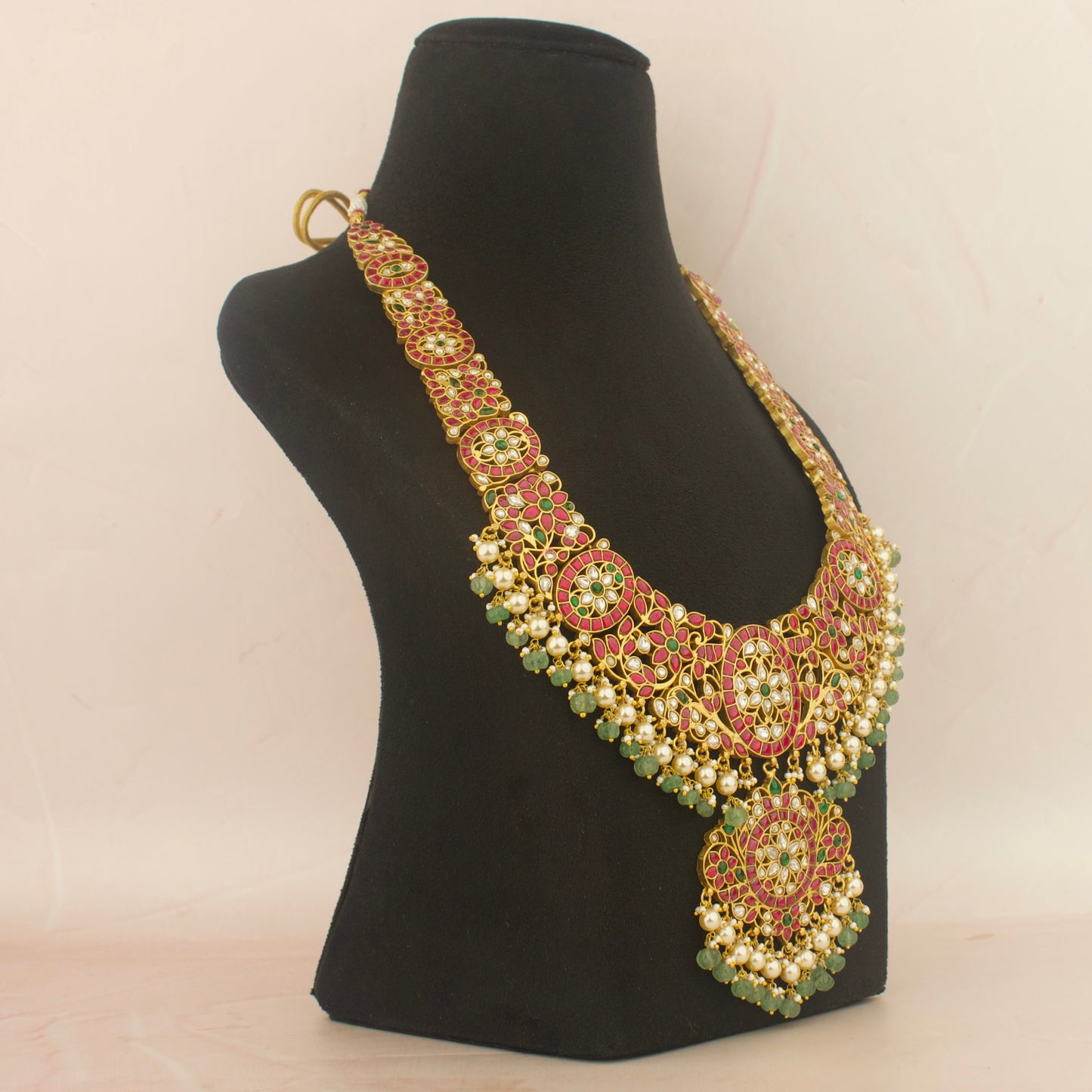 Sparkling Jadau Kundan Long Bridal Necklace With Pearl & Beads Hanging